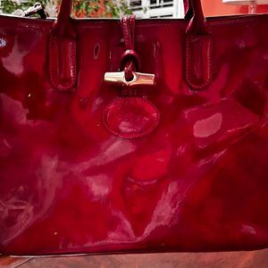 Longchamp Roseau Ruby Red Patent Leather Top Handle Purse with Shoulder Strap